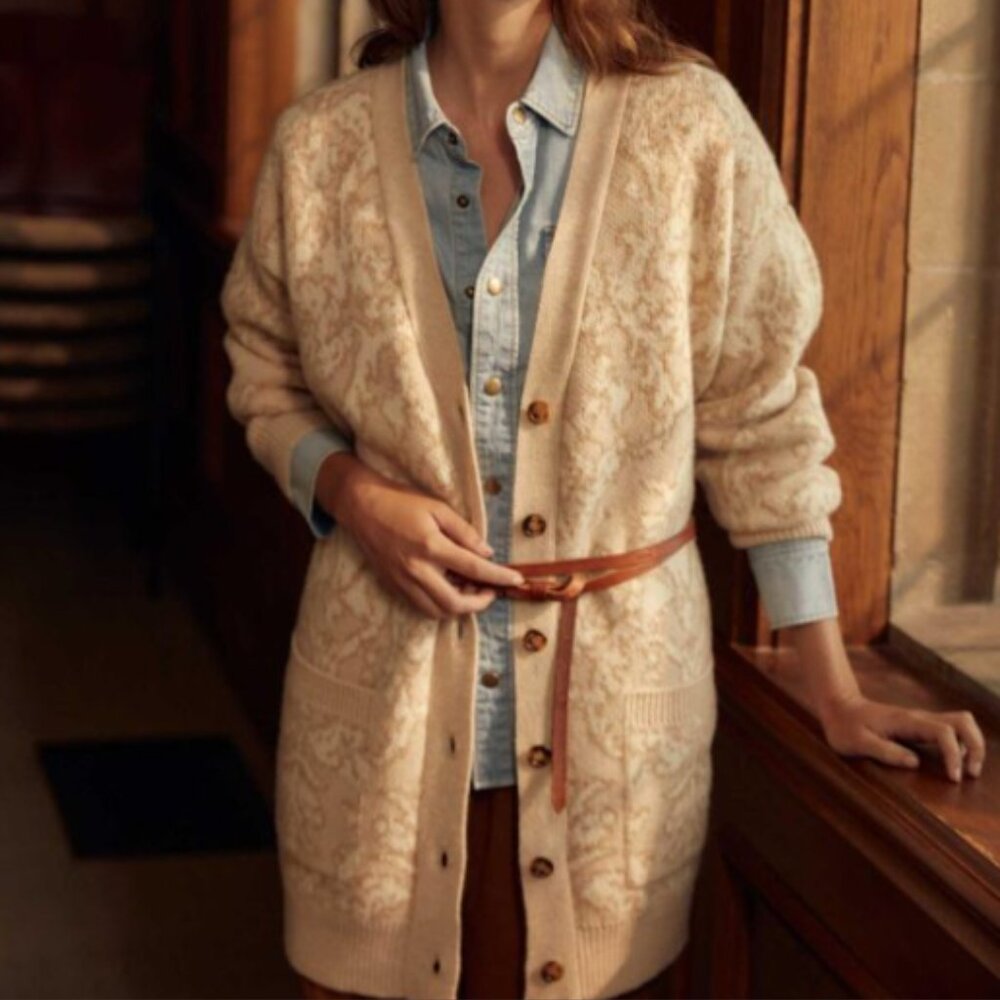 Billy Reid Longline Jacquard Cardigan L Tan Merino Wool New